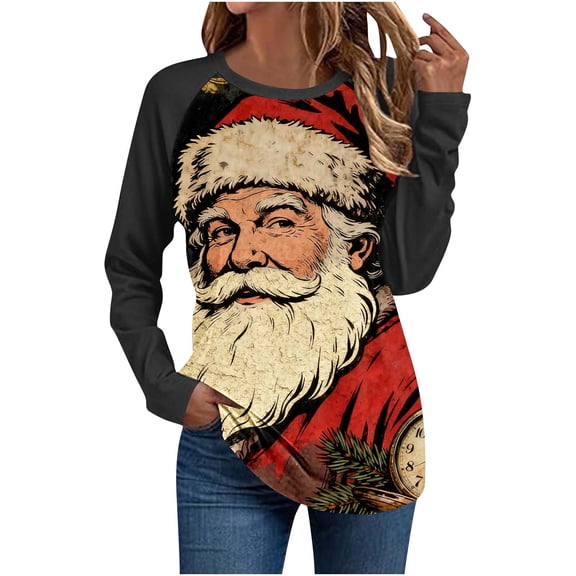 Christmas Tshirts Women Black Raglan Long Sleeve Shirt Santa Print Crew Neck T-Shirt Christmas Season Top for Casual Wear My Items