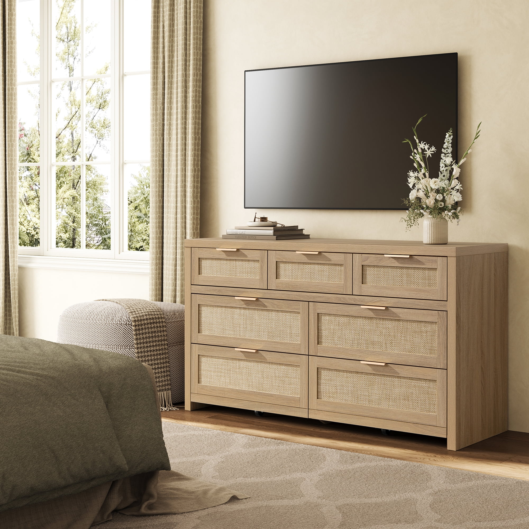 SICOTAS 56.88" Wide 7 Drawer Tall Dressers, Boho Dresser with Oversized Storage Space Rattan Dressers & Chests of Drawer Engineered Wooden Dressers for Bedroom,Reclaimed Light Oak