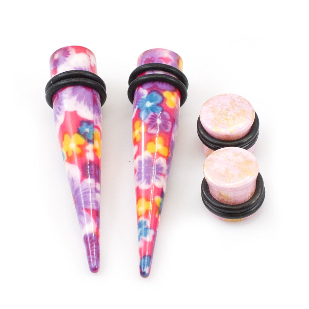 Ear Plugs with Tapers Stretching kit Colorful Flower Design with O rings - image 5 of 25