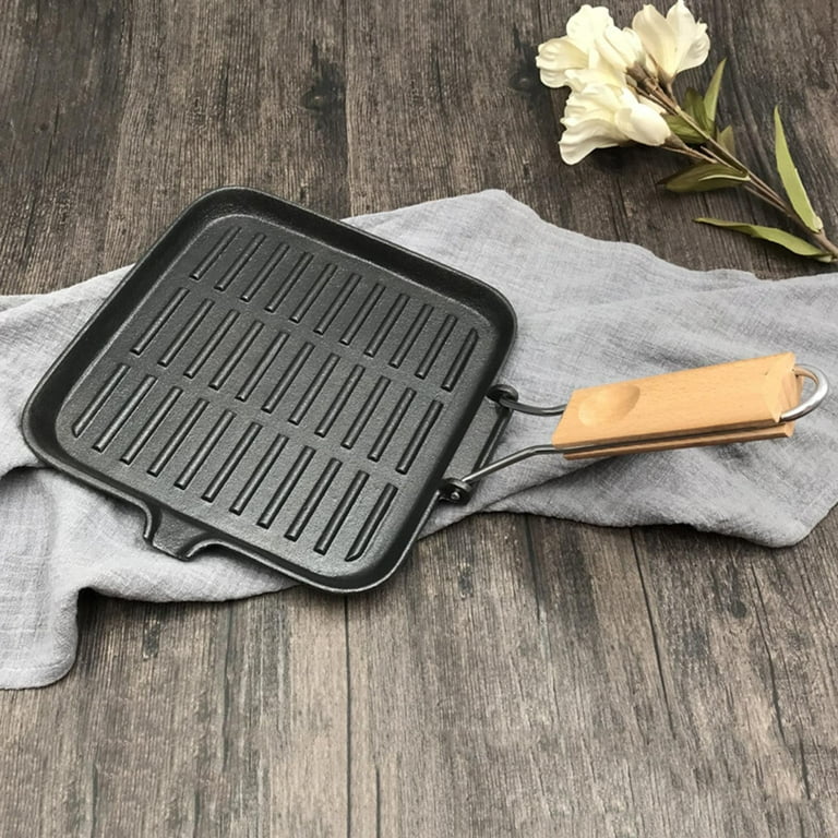 Non-stick Metal Grilling Skillet with Folding Wooden Handle Grill Skillet  Pan with Holes Removable Handle for Outdoor Grill Topper Barbecue Pan for  Vegetables Seafood Meat 