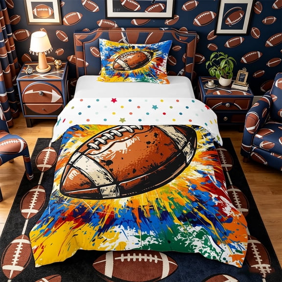 Castle Fairy Football Print Twin Duvet Cover, Hippie Splash Twin Bedding, White Blue Orange,2pcs,1 Duvet Cover and 1 Pillowcase
