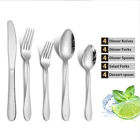 

HiMiss 20Pcs Cutlery Set Hammer Grain Mirror Finish Smooth Edge Stainless Steel Fork Spoon Set