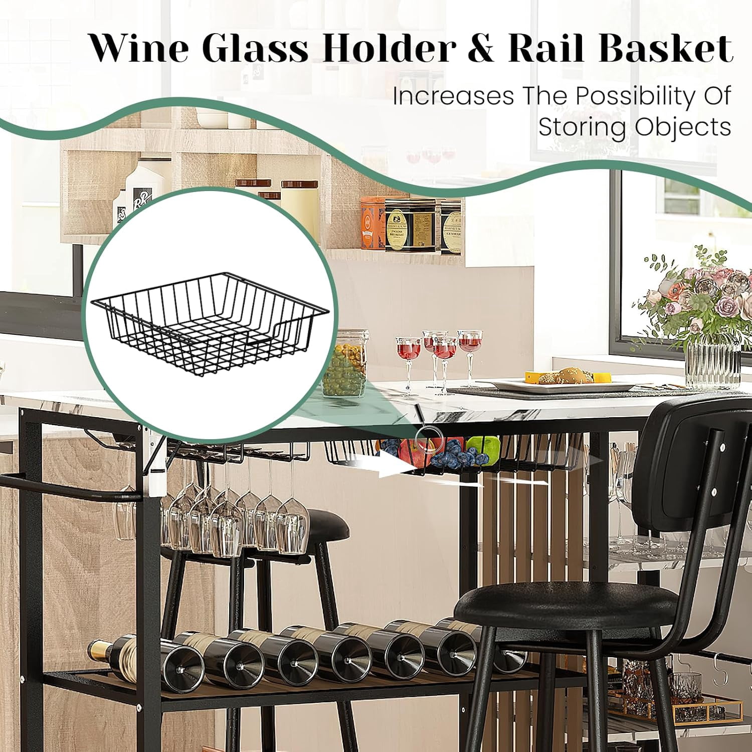 Lamerge 2 Person Folding Dining Table Set with Wheels and Wine Rack, White