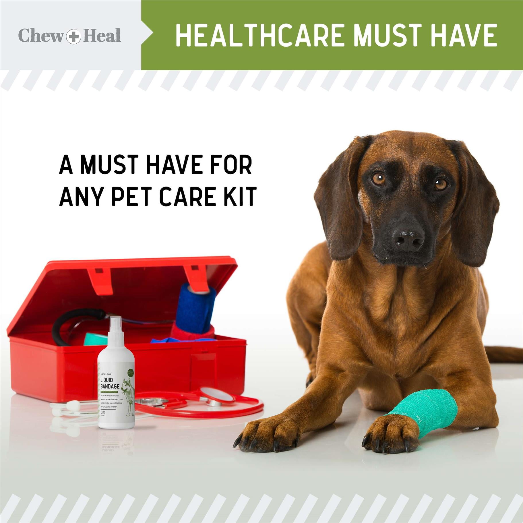 Chew + Heal Pet Liquid Bandage for Dogs and Cats - 4 oz Spray with Aloe - Wound Care for Pets for Cuts, Scrapes, and Stitches