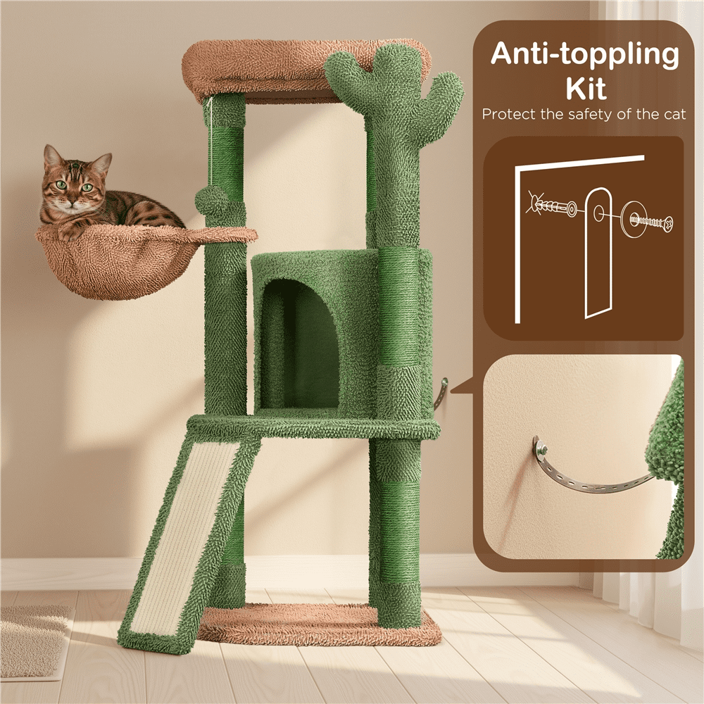 Yaheetech 42" Height Cactus Cat Tree with Scratching Posts, Basket & Ladder, Green/Brown