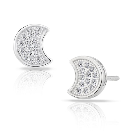 Tilo Jewelry 925 Sterling Silver Crescent Moon Stud Earrings with Cubic Zirconia CZ Stones | Secure Push-Backs | Women & Unisex