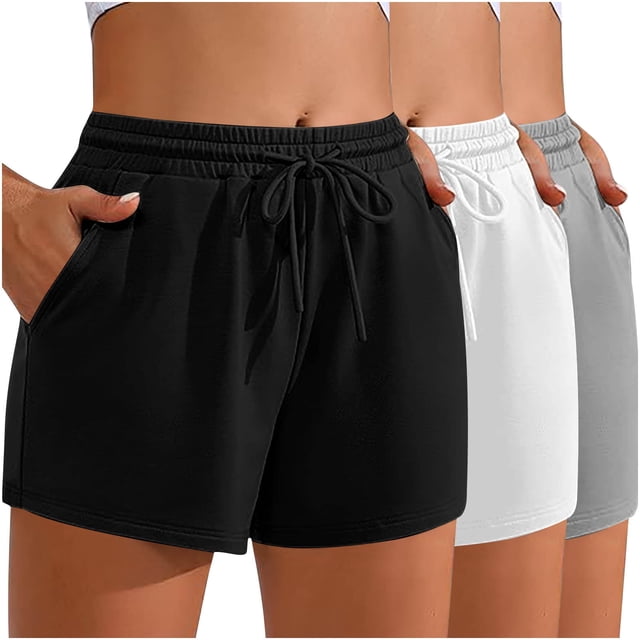 Plebaso Womens Drawstring Sweat Shorts 3 Pack Elastic High Waisted Running Athletic Shorts with Pockets