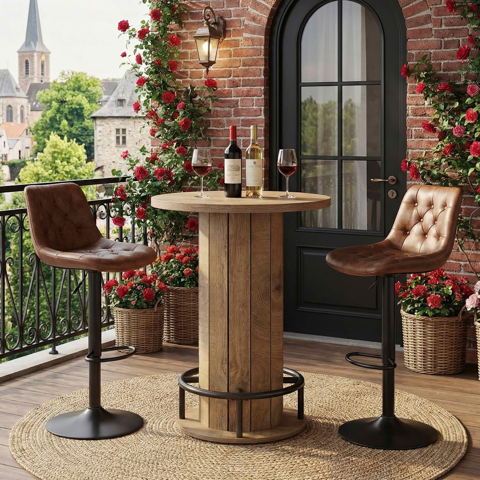 MAYEERTY Industrial-Farmhouse Bar Height Round Bistro Table, Wooden Pub Table with Footrest for Home Kitchen Cafe Apartment