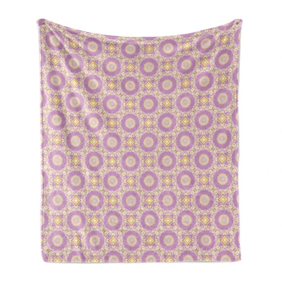 Abstract Soft Flannel Fleece Blanket, Circular Eastern Inspired Motifs of Geometric Details Abstract Print, Cozy Plush for Indoor and Outdoor Use, 50" x 60", Lilac Almond and Mustard, by Ambesonne