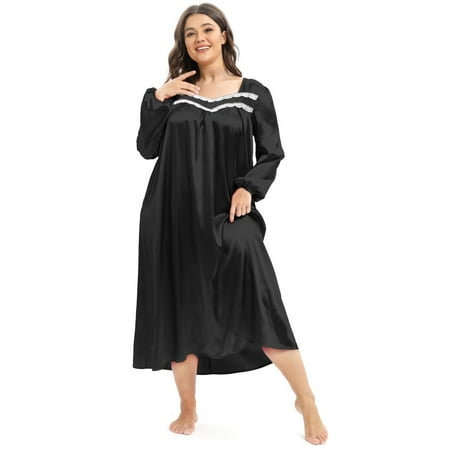 

WBQ Womens Nightgown Long Satin Sleepwear Silk House Dress Spring Fall Long Sleeve Loungewear Vintage Plus Size Nightdress Black XXL/14