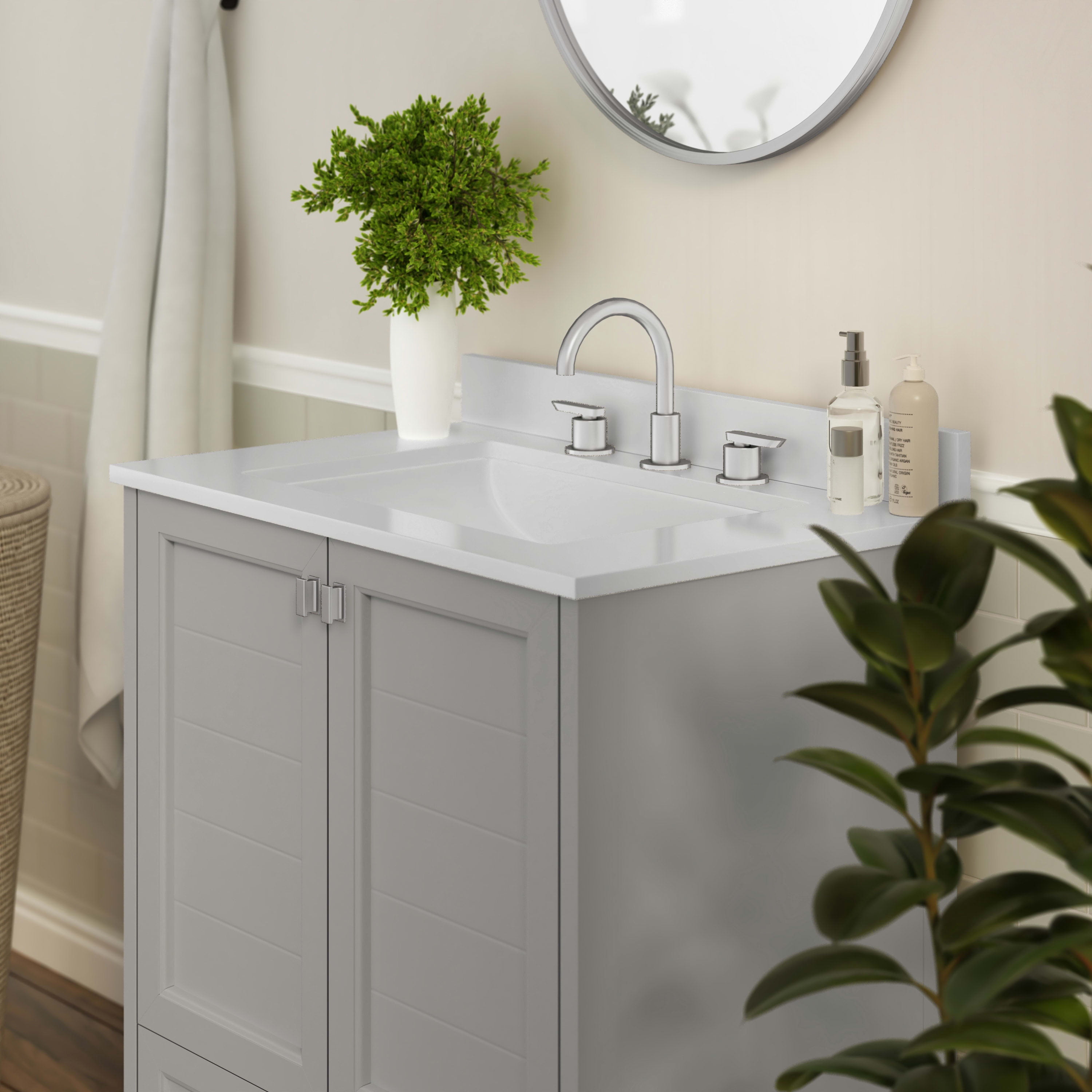 BizChair 30 Inch Bathroom Vanity with Sink, Storage Cabinet with Soft Close Doors and Bottom Drawer, Carrara Marble Finish Countertop, Gray