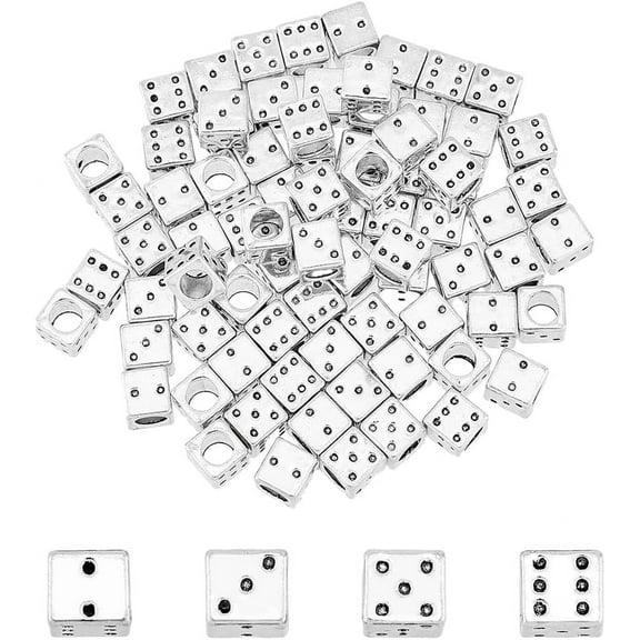 100Pcs Antique Silver Roll of Dice Beads Cube Loose Beads Large Hole Square Spacer Beads Tibetan Leather Cord Beads Beads Alloy European Beads