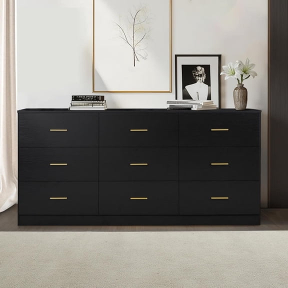 YWEN Black Dresser 9 Drawer, 63" Long Dresser for Bedroom, Modern Wooden Chest of Drawers with Gold Handles for Living Room Closet