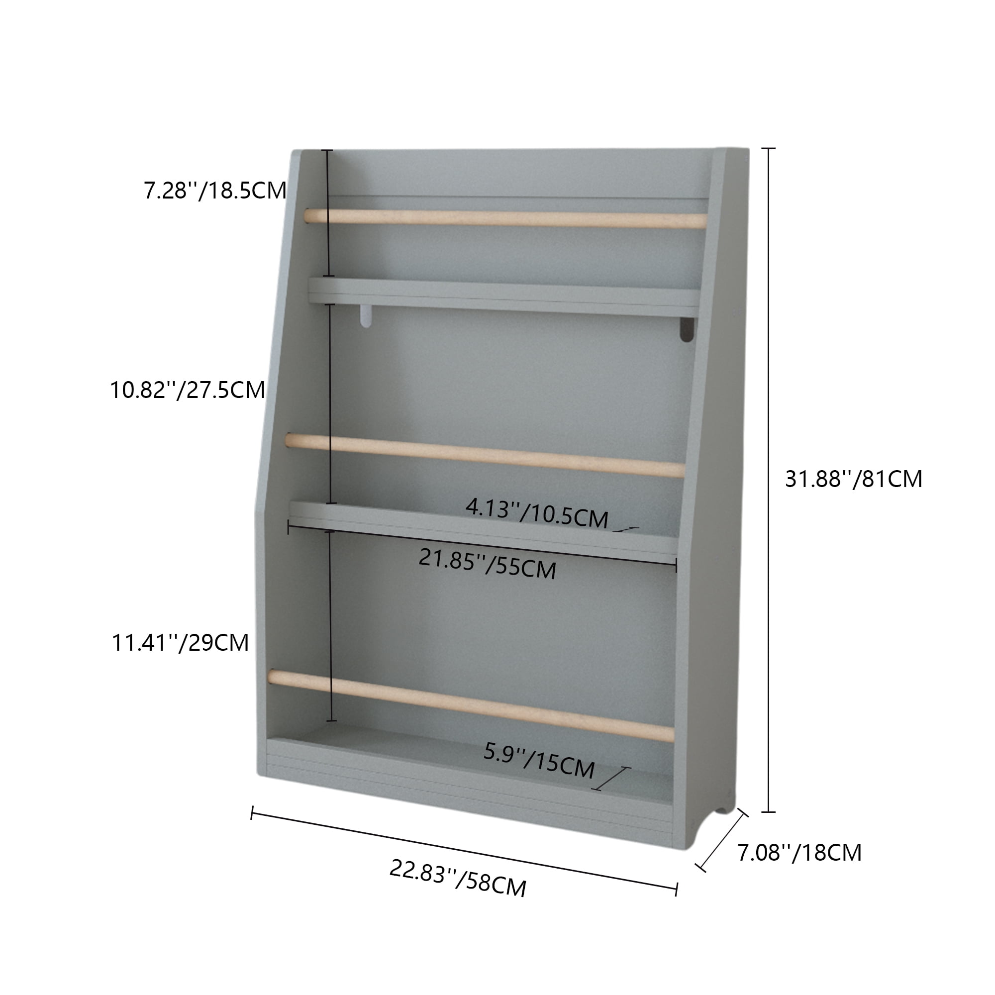 Miniyam 3-Tier Wooden Bookshelf with Toy Storage for Kid, Gray