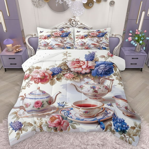 Manfei Vintage Floral Teacups Bedding Comforter Set 2pcs for Female Men,Exotic Style Twin Comforter Sets Microfiber,Flowers Teapot Breathable Bedding Set,Super Cozy Room Decor,Reversible