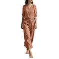thumbnail image 2 of Women's Linen Cotton Two Piece Set, V Neck Half Sleeve Button Down Top & Drawstring Wide Leg Pants, Breathable Casual Outfit Set for Work Office and Daily Wear Red XXXL, 2 of 4