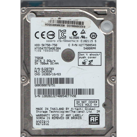 HTS547575A9E384, PN 0J20793, MLC DA3936, Hitachi 750GB SATA 2.5 Hard Drive