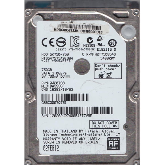 HTS547575A9E384, PN 0J20793, MLC DA3936, Hitachi Disco Duro SATA 2.5 de 750GB