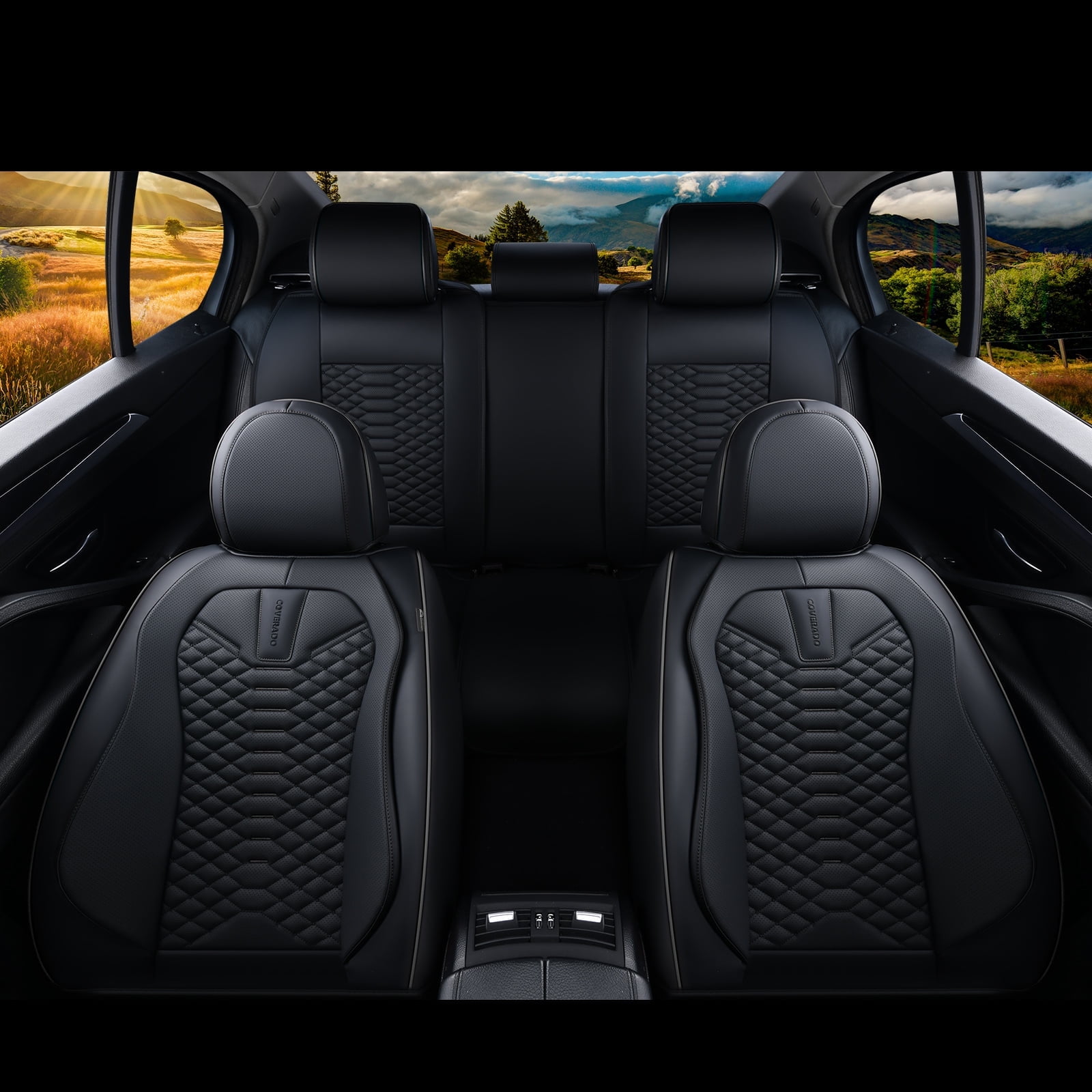Coverado Black Car Seat Covers Full Set, Premium Leather Front and Rear Split Bench Cover, Automotive Seat Protectors Universal Fit for Most Cars, SUVs and Trucks