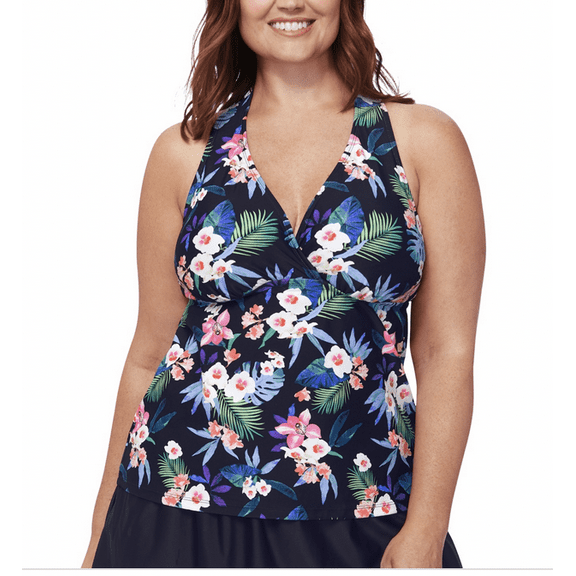 Island Escape Plus Size Floral-Print H-Back Tankini Top - Black Multi