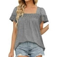 thumbnail image 1 of Gibobby Camiseta de manga corta para mujer Camisetas manga corta con borde encaje para mujer, blusas sueltas tamaño a la moda, blusas casuales sólidas(Gris,M), 1 of 5