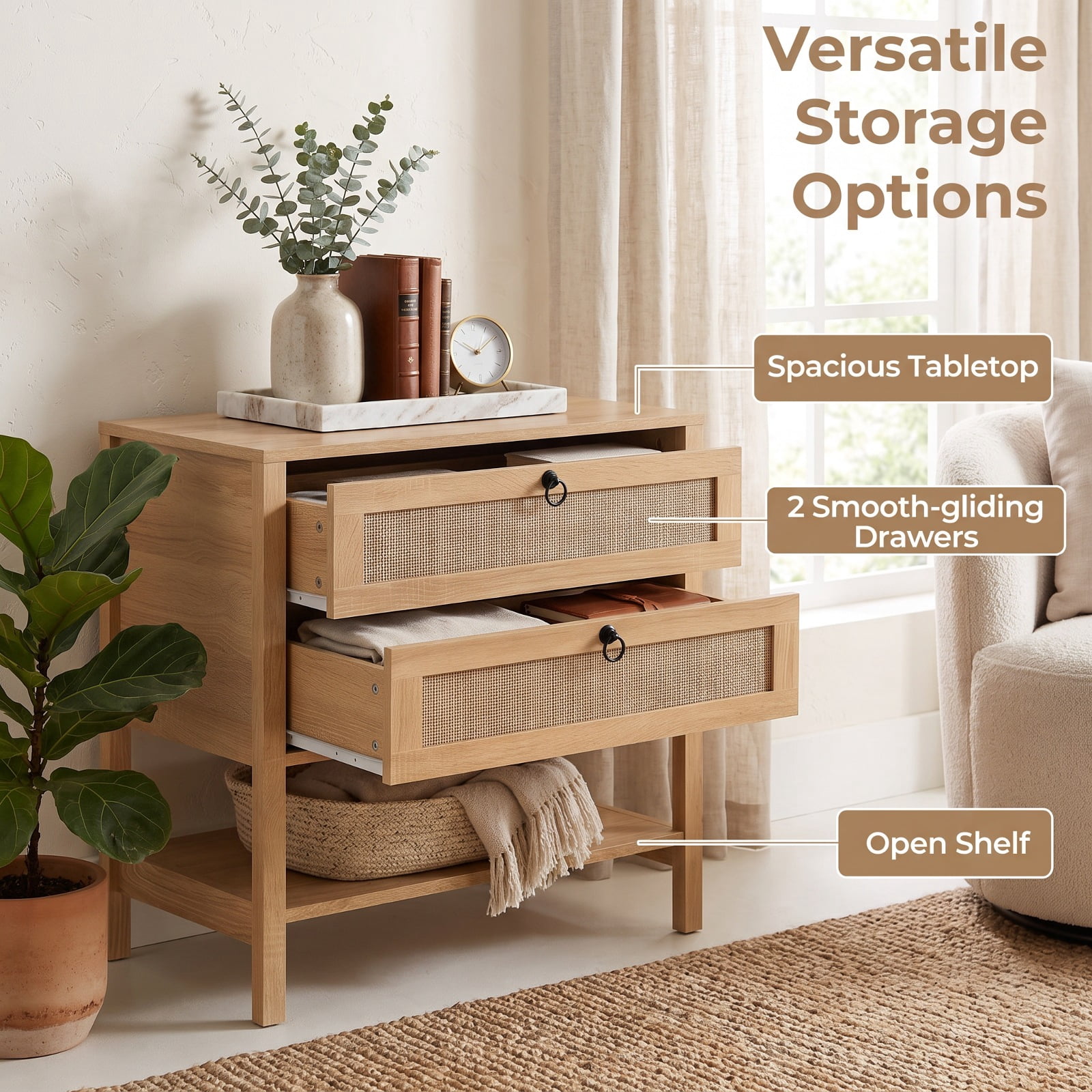 Furnibear Boho Rattan Nightstand with 2 Drawers and Bottom Open Shelf for Bedroom Living Room Bedside Sofa Side Small Space, Natural