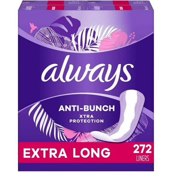 Always Anti-Bunch Xtra Protection, Panty Liners For Women, Light Absorbency, Extra Long Legnght, Multipack, Leakguard   Rapiddry, Unscented, 68 Count X 4 Packs (272 Count Total)