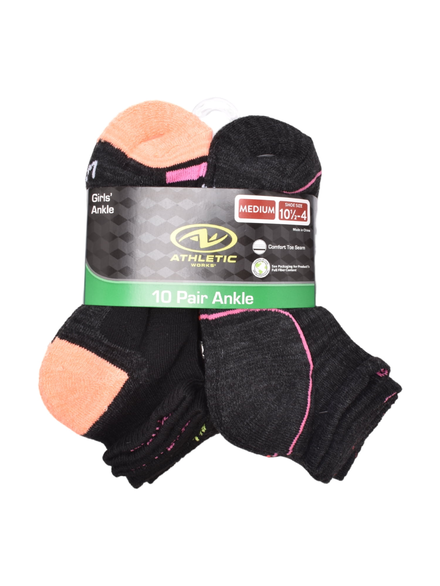 Athletic Works Girls Ankle Socks, 10 Pack, Sizes S-L