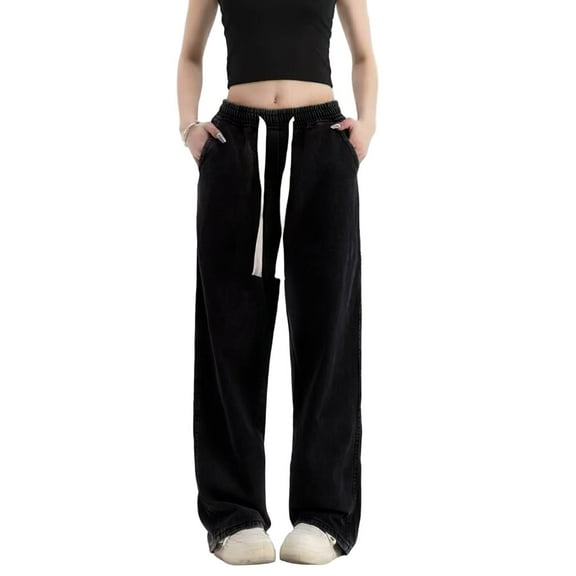 WTOBBY Women's High Waist Washed Straight Leg Jeans with Elastic Waist, Fashionable and Versatile Denim Pants for Casual Wear, Comfortable Daily Use with Modern Fit,Black L