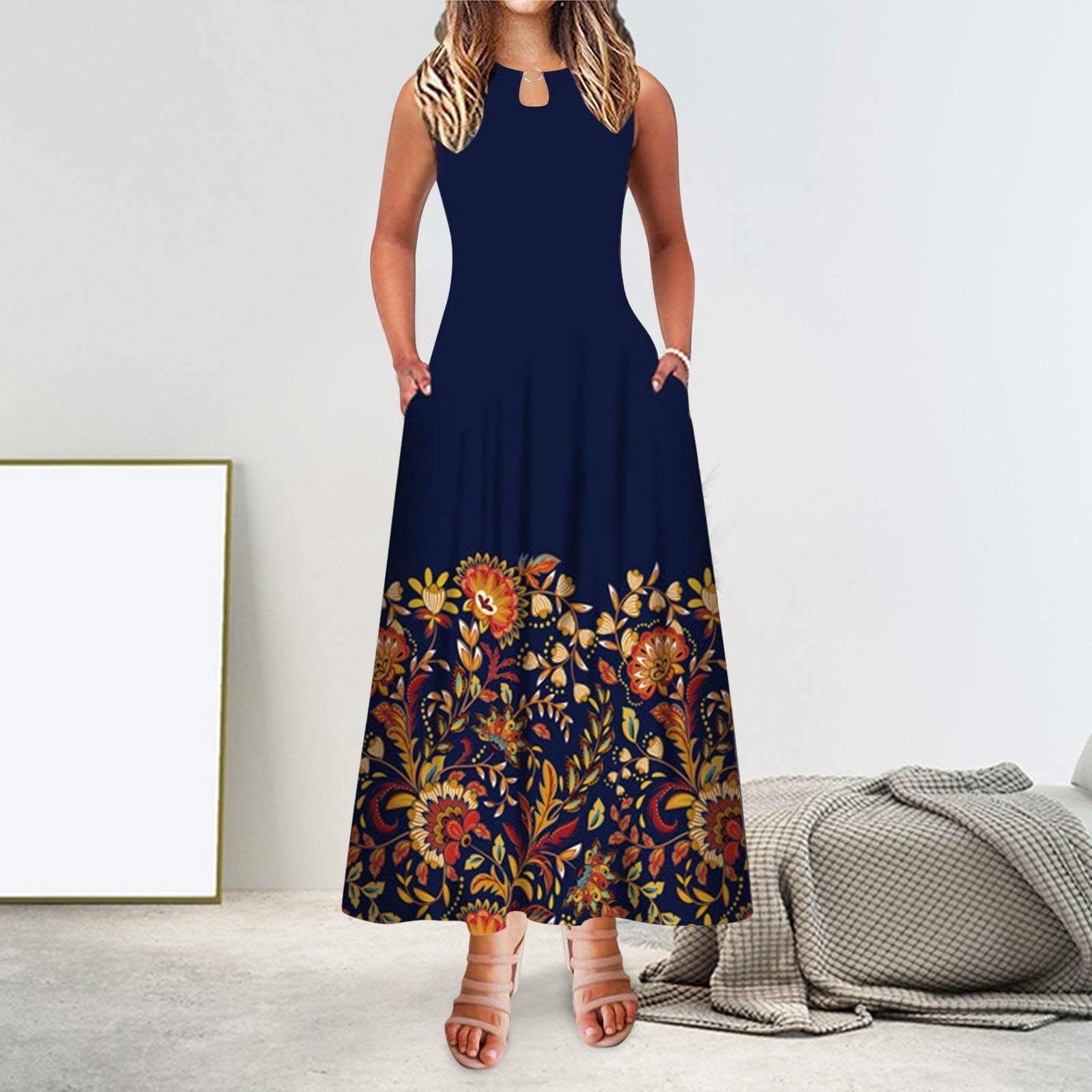 Pocket Round Neck Dress Women 