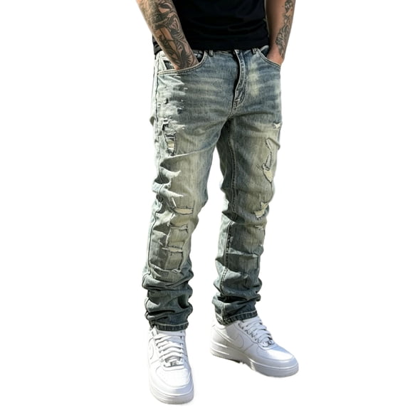 Reppunk Men's Vintage Acid Washed Stacked Straight Distressed Ripped Jeans, Multi-Slit Frayed Loose Stack Denim Pants, Business Casual Versatile Daily Street Commute Trousers