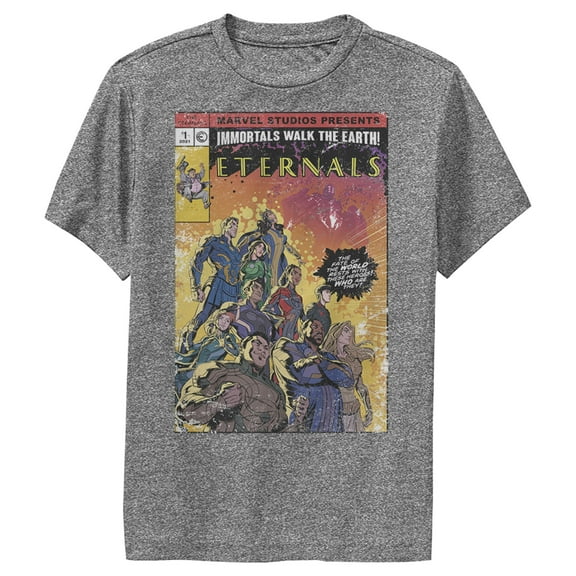 Boy's Marvel Eternals Retro Group Comic Book Cover  Performance Graphic Tee Charcoal Heather X Large