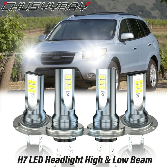 For Hyundai Santa Fe 2007 2008 2009 - H7 LED Front Headlight High Low Dual Beam Bulbs Kit 6000K White 4x
