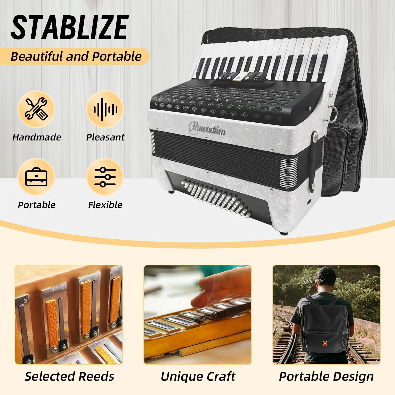 Accordion - 34 Key 60 Bass Piano Style, Lightweight & Portable with Adjustable Strap & Backpack, Perfect for Beginners, Students & Adults (White)