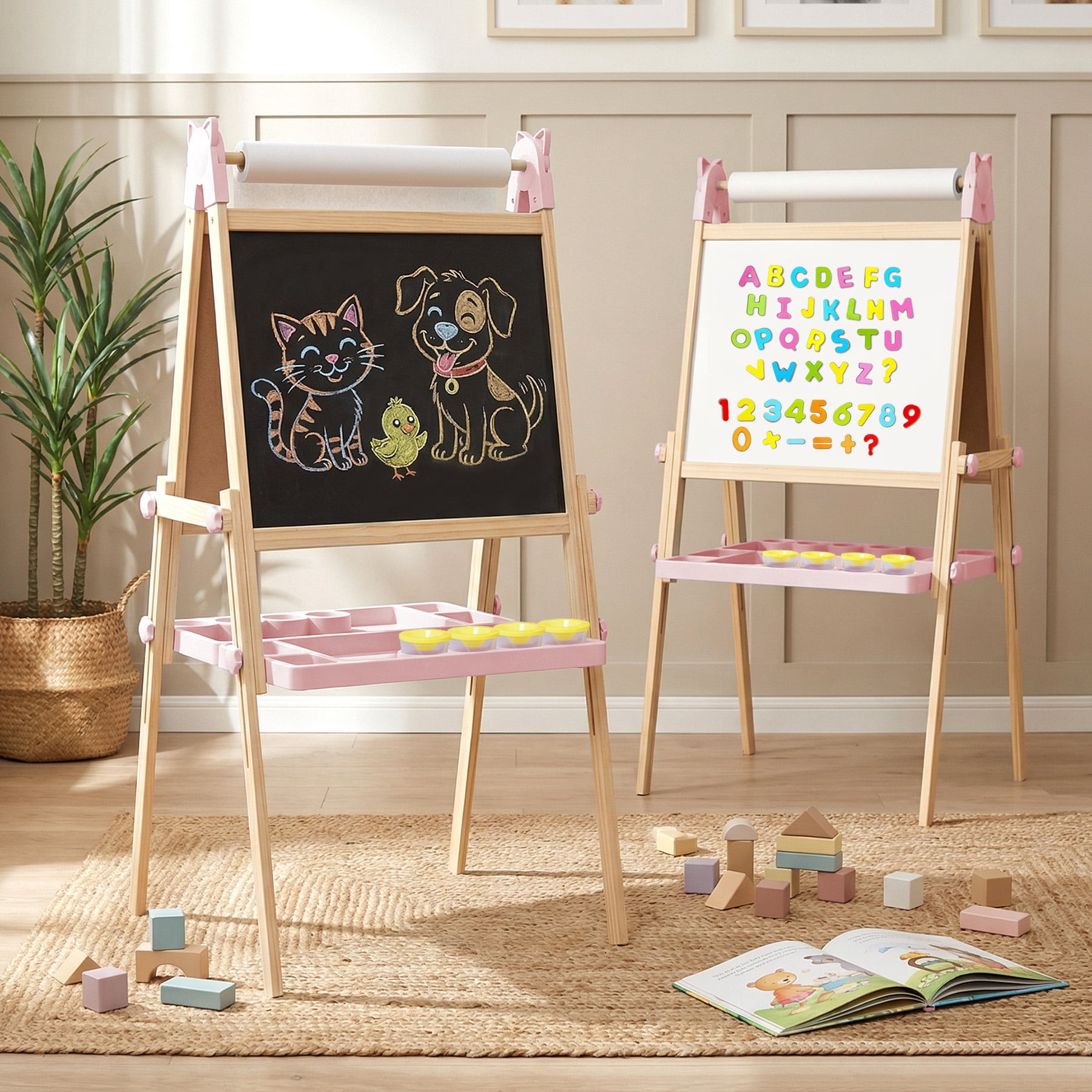 JOYOOSS Easel for Kids Ages 4-8 Easels for Toddlers Art Kids Easel Age 8-12 Wooden Drawing Easels Double-Sided Magnetic Whiteboard Chalkboard with Paper Roll for Kid Dry Erase Board P