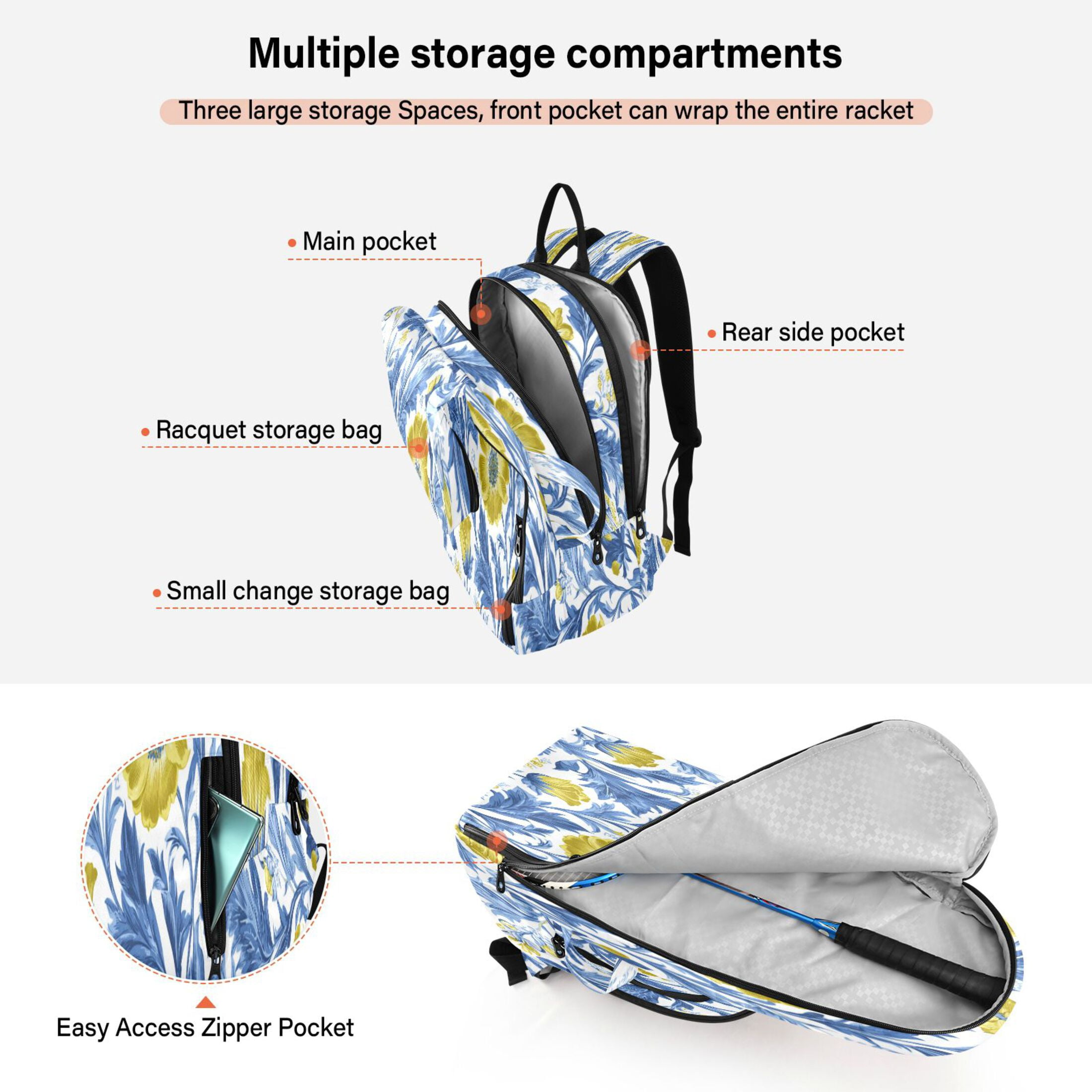 2 Racquet Holder Tennis Backpack Tennis Racket Covers Gym Bags Yellow Floral Style