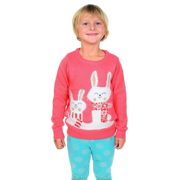 RWB Girl's Feather Knitted Bunny Rabbit Christmas Sweater Pink