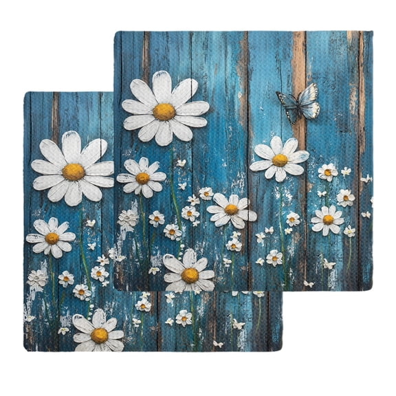 Blue Wooden Daisy Kitchen Dish Towels for Drying Dishes Set of 2, Vintage Farmhouse Butterfly Flowers Waffle Weave Microfiber Hand Tea Bathroom Towels Quick Dry & Absorbent Towel 12x12