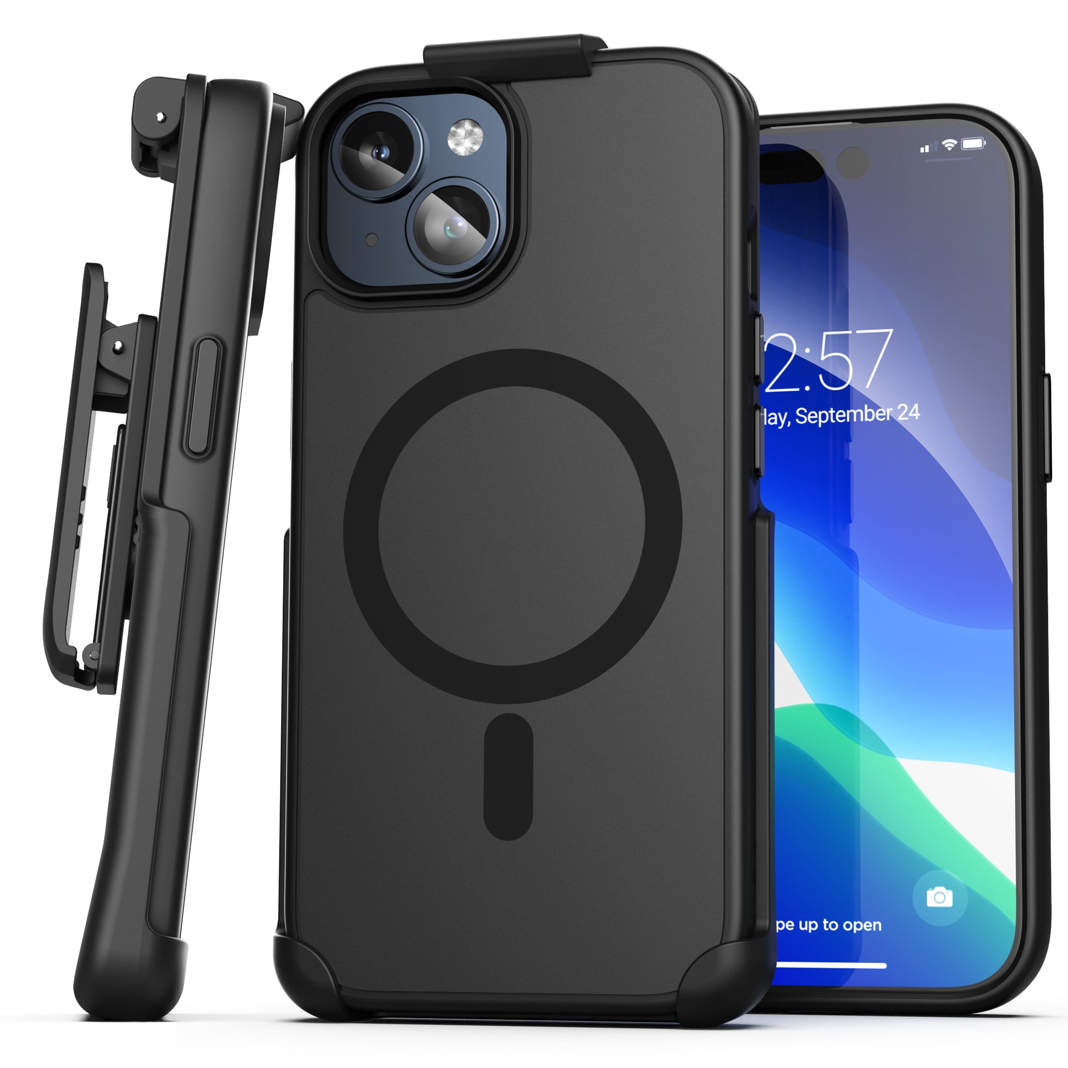 Encased SlimShield Designed for iPhone 15 Belt Clip Case with Holster (Compatible with MagSafe) Black