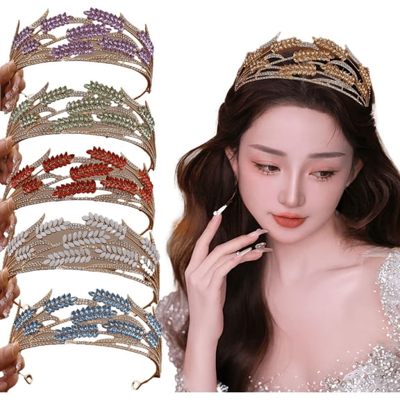 Yoyauz Lady Golden Crown Wheat Ears Crystal Princess Crown Crystal Queen Crown Wedding, Bridal Hair Ornament Birthday Ball, Beauty Pageant Party Rite of Passage, Photo Props