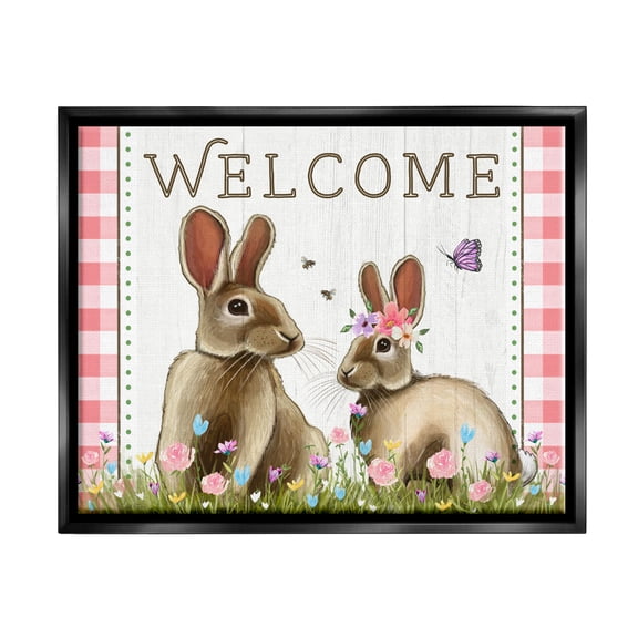 Stupell Welcome Plaid Spring Garden Rabbits Holiday Painting Black Floater Framed Art Print Wall Art