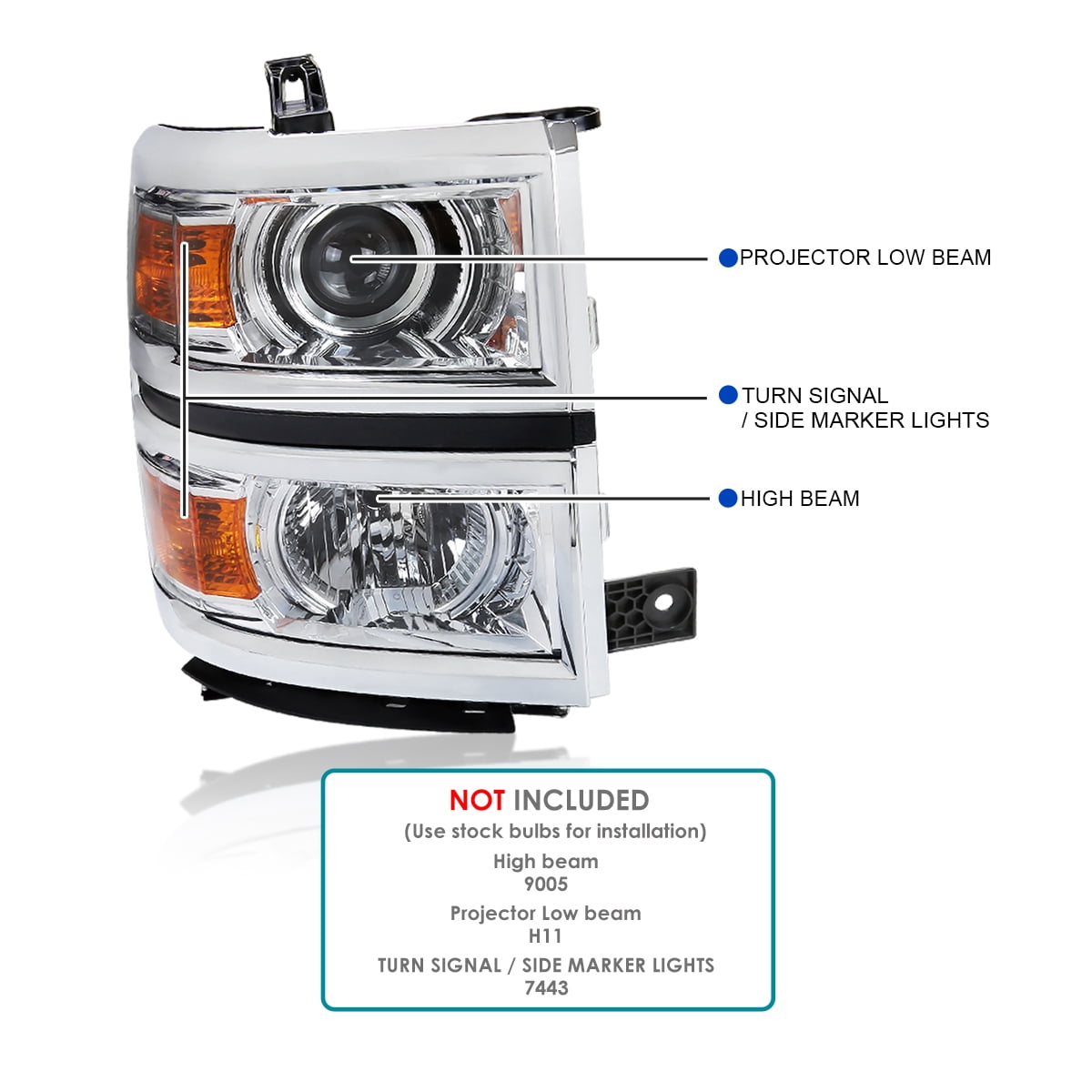 Spec-D Tuning Chrome Projector Headlights w/ Silver Trim Compatible with 2014-2015 Chevy Silverado 1500, Left + Right Pair Headlamps Assembly