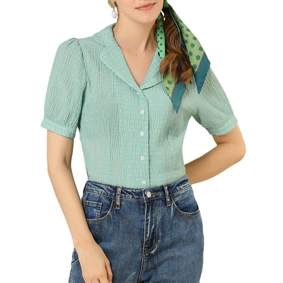 Allegra K Women's Camp Collar Button Front Textured Short Bubble Sleeve Shirt