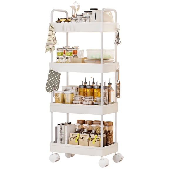 Enogets 4 Tier Utility Rolling Cart, Mobile Storage Cart for Kitchen with Lockable Caster Wheels, Handle & Hooks, White