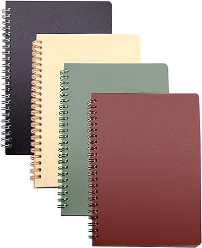 Tekola Spiral Notebook, 4 Pcs 8.3 Inch x 5.9 Inch A5 Thick Plastic Hardcover 8mm Ruled 4 Color 80 Sheets -160 Pages Journals for Study and Notes (style 10-Wine Red,Brown,Green,ivory, A5)