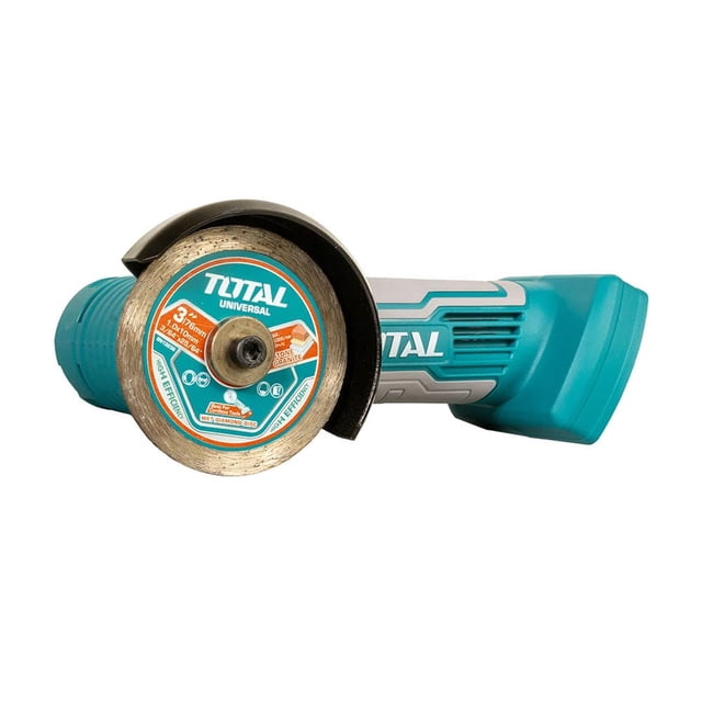 minicortadora inalámbrica 3” 20 v total vista 3/4 frontal con disco de 3” montado; cuerpo turquesa con empuñadura ergonómica antideslizante, protector metálico del disco y logo TOTAL; indicada para corte en metal y trabajos en espacios reducidos según especificaciones.