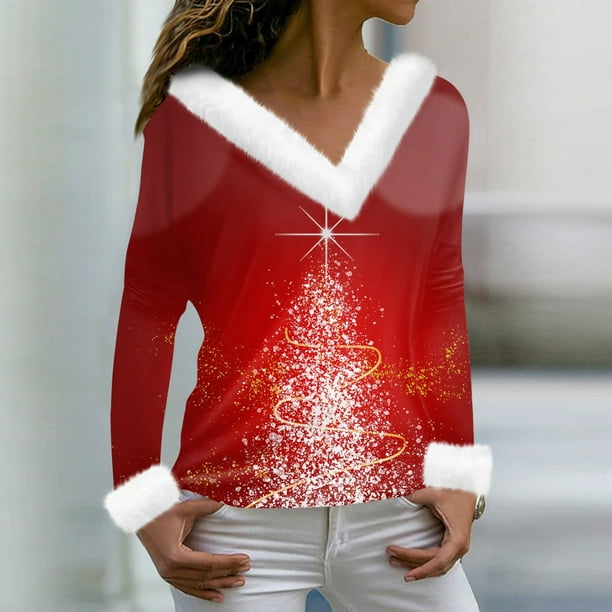 DENGDENG Womens Christmas Tops Plus Size Loose Fitting Christmas Tree Santa Deer Print Long Sleeve Shirts Fall Pleated Blouse Trendy Scoop Neck Dressy