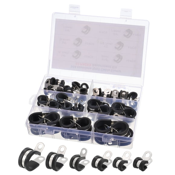 Unique Bargains 52pcs Cable Clamps Assortment Kit, Stainless Steel Rubber Cushioned Insulated Clamp Assorted