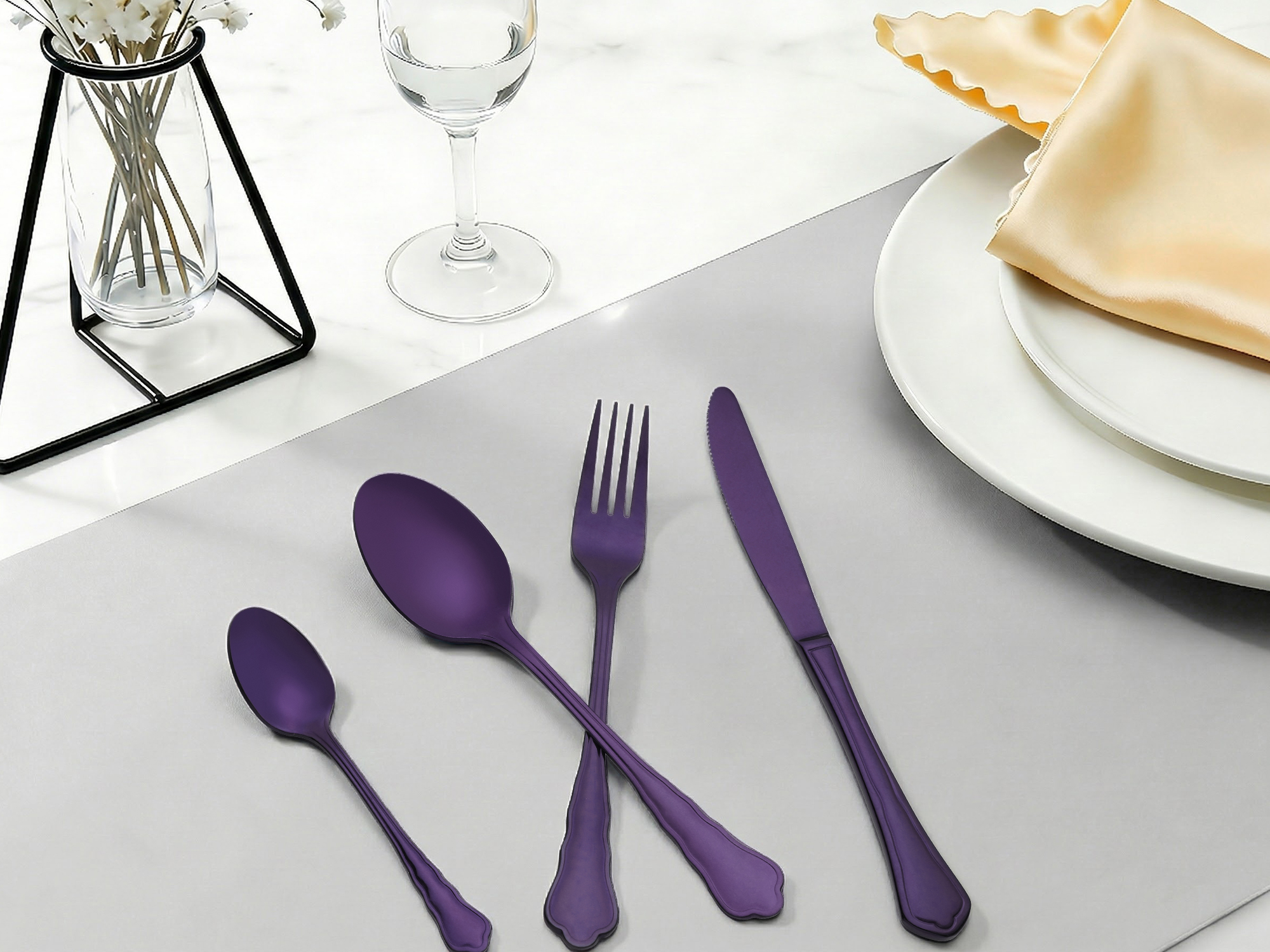 Unique Bargains Durable Stainless Steel Flatware Set for Kitchen Use Purple 4pcs