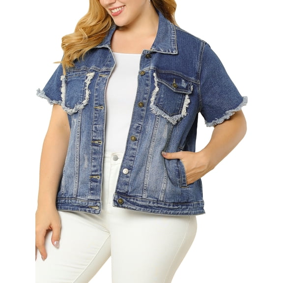 Agnes Orinda Women's Plus Size Jackets Distressed Short Sleeve Button Denim Jacket with Pockets 2X Blue